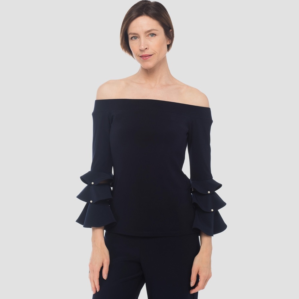 Joseph Ribkoff NWT Black Off Shoulder Silky Knit Top Size 14 Tiered Ruffle Pearl